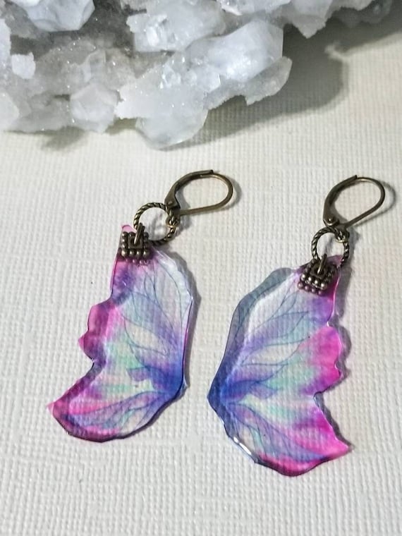 Pink and Blue Fairy Wing Earrings