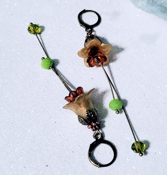 Copper Green Dangling Flowers - lucite earrings