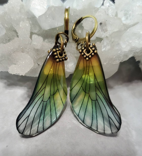 Iridescent Single Dragonfly Wing Earrings - Mini Sea Foam