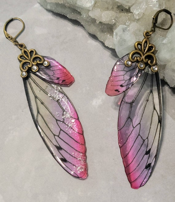Iridescent large FAIRY Wings Earrings - Cherry Rhubarb