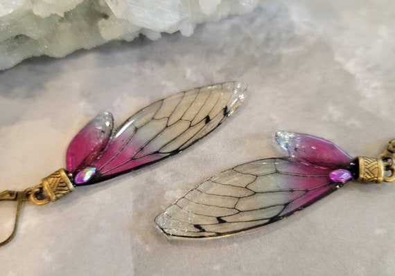 Iridescent FAIRY Wings Earrings - Raspberry Ice