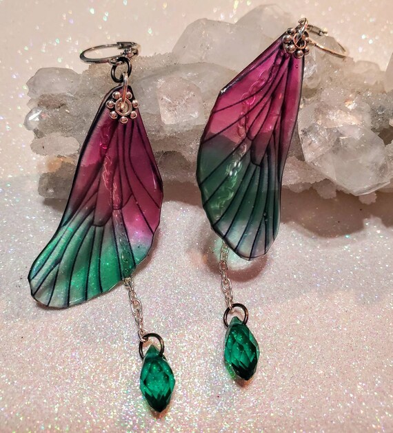 Iridescent Single Dragonfly Wing Earrings - Drops of Watermelon