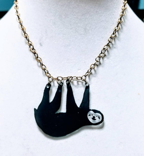 Hanging sloth necklace. Whimsical statement necklace.