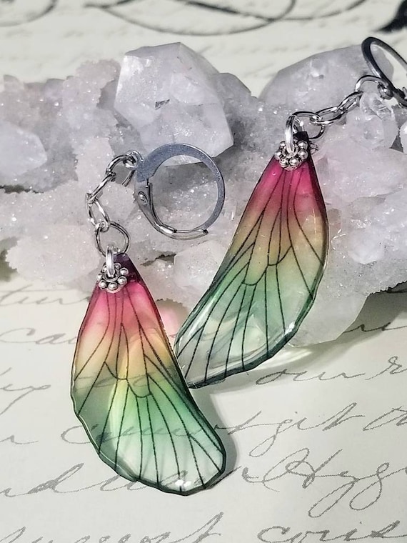 Iridescent Single Dragonfly Wing Earrings - Strawberry Vine