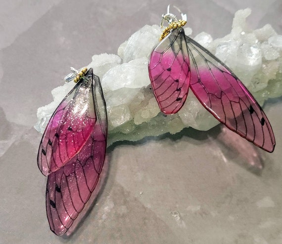 Iridescent Fluttering Fairy Wings Earrings - Strawberry Ice