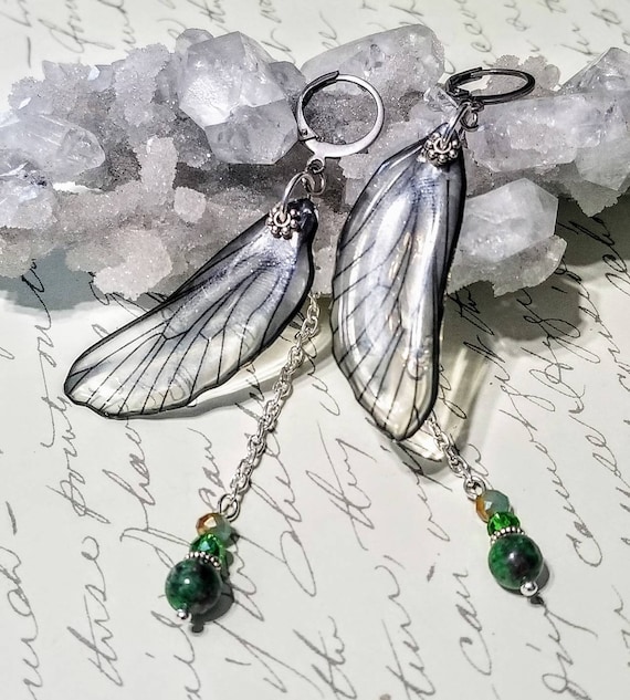 Iridescent Single Dragonfly Wing Earrings - Smoke and Jade