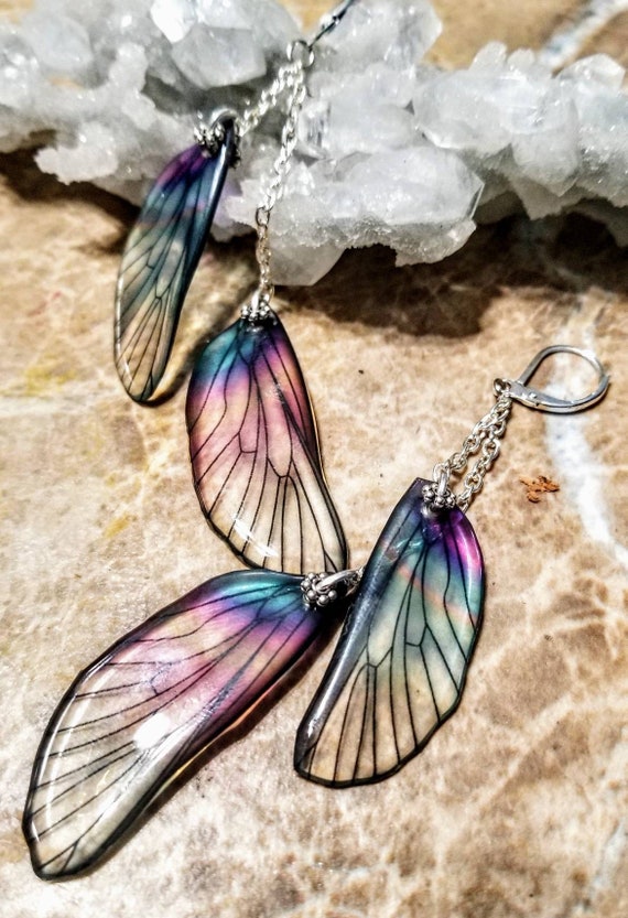 Iridescent Dragonfly Wings Earrings - Double Rainbow Sherbet