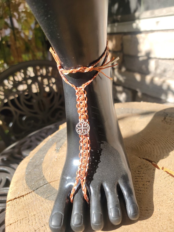 Barefoot Beach Sandals - wrap-around brown and white with charm