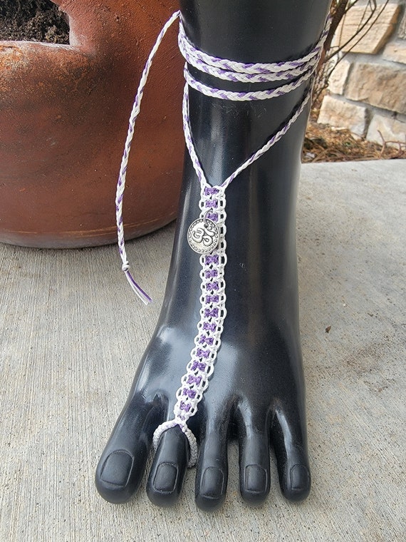 Barefoot Beach Sandals - wrap-around lavender and white ohm