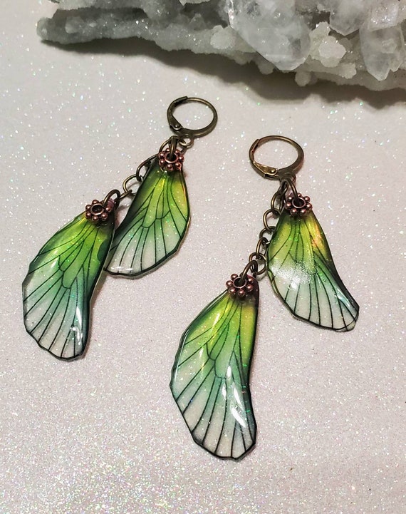 Iridescent Double Dragonfly Wing Earrings - Pale Sea Foam