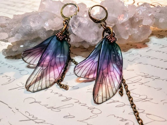 Iridescent Double Dragonfly Wing Earrings - Dark Storm