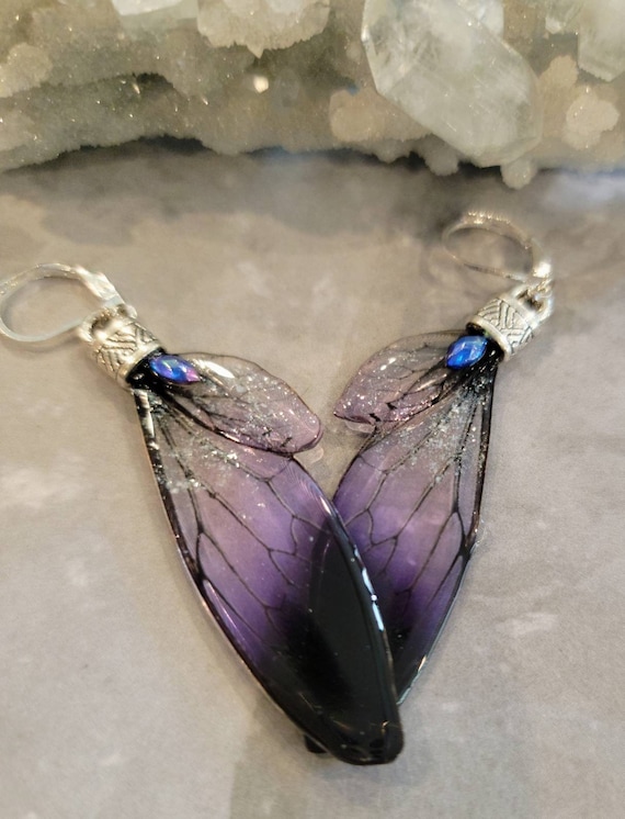 Iridescent FAIRY Wings Earrings - Dark Lilac