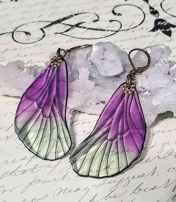 Giant Iridescent Single Dragonfly Wing Earrings and Necklace - Summer Grapes