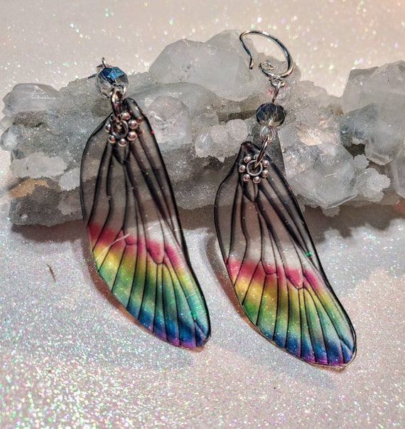 Iridescent Single Dragonfly Wing Earrings - Crystalline Rainbow