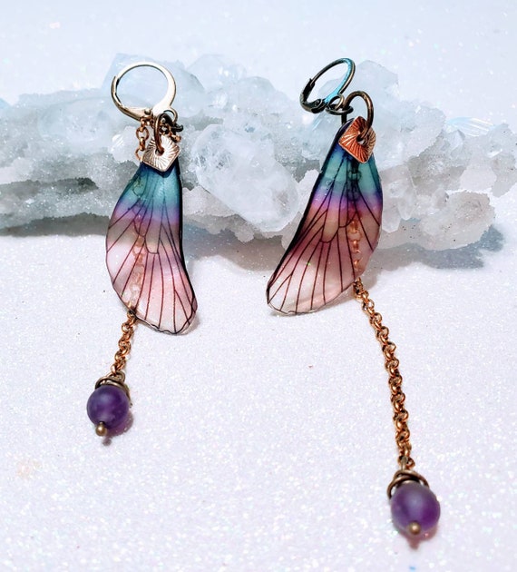 Iridescent Pinkish Crystal Seashell Dragonfly Wings Earrings