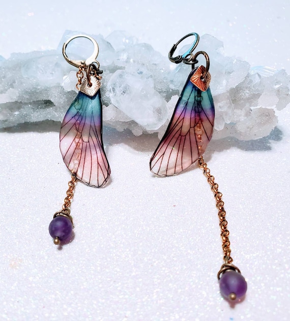 Iridescent Pinkish Crystal Seashell Dragonfly Wings Earrings