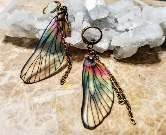 Iridescent Single Dragonfly Wing Earrings - Chained to the Rainbow