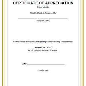 Puede incluir: Un certificado de agradecimiento blanco para el ministerio de ujieres con un borde dorado. Incluye un icono de cruz, el texto 'CERTIFICATE OF APPRECIATION', 'Usher Ministry', 'This Certificate is Presented To', 'Hebrews 13:2 (KJV)' y líneas para firmas.