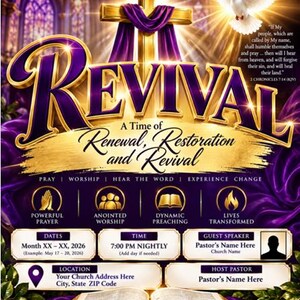 Può includere: Un volantino per un risveglio religioso viola e oro con una croce dorata drappeggiata in tessuto viola, una colomba bianca e una Bibbia aperta in basso. Il testo include 'REVIVAL', 'A Time of Renewal, Restoration and Revival' e spazi per i dettagli.