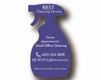 May include: A purple spray bottle shaped business card with the text "BEST Cleaning Service" and contact information for house, apartment, and small office cleaning services.