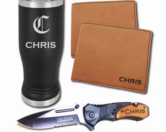 Engraved Gift Set | Set of 2 | Personalized Pocket Knife | Monogrammed Wallet | Etched Tumbler | Groomsmen Gift | Corporate Gift | Holiday