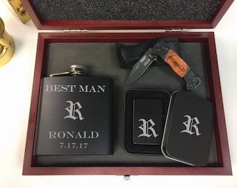 Groomsmen Knife Lighter Flask Set | Personalized Groomsman Gift Box | Engraved Wedding Gifts | Best Man Proposal Gift Box | Gift Set for Men