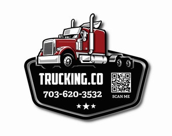 May include: Black and white logo with a red semi-truck, the text "TRUCKING.CO", the phone number 703-620-3532, and the words "SCAN ME" next to a QR code.