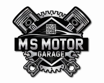 May include: Black and silver logo for MS Motor Garage. The logo features a gear, two crossed pistons, and a wrench. The text "MS MOTOR GARAGE" is in a silver font.