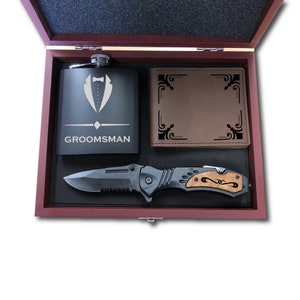 Juego de cajas de regalos para padrinos / Frasco personalizado con billetera en relieve y cuchillo grabado personalizado para padrino, regalo para hombres, padrino, hermano