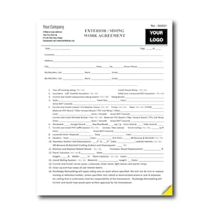 Op de afbeelding: Een zwart-witte werkovereenkomst voor buitenbeplating. Het formulier bevat secties voor klantgegevens, bekledingsdetails en installatie-instructies. Het formulier is getiteld "Buitenbeplating Werkovereenkomst" en heeft de bedrijfsnaam "Your Company" bovenaan.