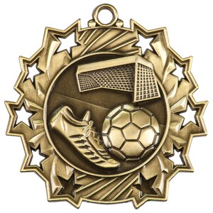 Médaille de football personnalisée | Lot de 5 | Médaille de football dix étoiles en or antique de 2,25 po. | Médaille gravée | 1ère place | Médaille de l'équipe sportive
