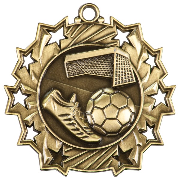 Personalized Soccer Medal | 2.25" Antique Gold Ten Star Soccer Medal | Engraved Medal Award | 1st Place Award | Sports Team Medal Award