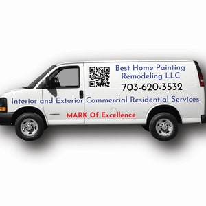 May include: White van with a blue and red logo that says "Best Home Painting Remodeling LLC" and a phone number, "703-620-3532". The logo also includes the text "Interior and Exterior Commercial Residential Services" and "MARK OF Excellence". A QR code is also visible on the van.