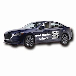 May include: A dark blue saloon car with a white sticker on the side that says "Best Driving School" and a QR code.