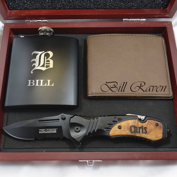 Engraved Box with Personalized Pocket Knife, Monogrammed Flask and Wallet for Groomsmen Gifts