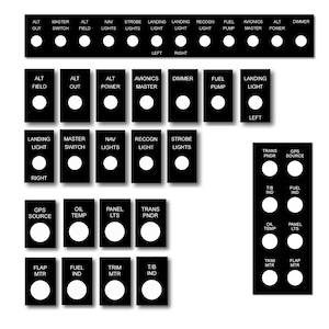 Puede incluir: Ilustración en blanco y negro de un panel de interruptores de palanca con etiquetas como "ALT OUT", "MASTER SWITCH", "NAV LIGHTS", "STROBE LIGHTS", "LANDING LIGHT", "RECOGN LIGHT", "FUEL PUMP", "AVIONICS MASTER", "ALT POWER", "DIMMER", "ALT FIELD", "ALT OUT", "ALT POWER", "AVIONICS MASTER", "DIMMER", "FUEL PUMP", "LANDING LIGHT", "LANDING LIGHT", "MASTER SWITCH", "NAV LIGHTS", "RECOGN LIGHT", "STROBE LIGHTS", "TRANS PNDR", "GPS SOURCE", "T/B IND", "FUEL IND", "GPS SOURCE", "OIL TEMP", "PANEL LTS", "TRANS PNDR", "OIL TEMP", "PANEL LTS", "FLAP MTR", "FUEL IND", "TRIM MTR", "T/B IND", "TRIM MTR", "FLAP MTR"