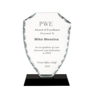 May include: A clear glass award with a black base. The award is shaped like a shield and has the text "PWE Award of Excellence Presented To Mike Messina In recognition of your harwork and dedication to PWE From Office Staff 2024".