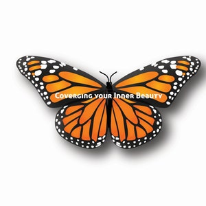 Può includere: Una farfalla monarca con ali arancioni e nere e macchie bianche. La farfalla è su uno sfondo bianco con il testo "Coverging your Inner Beauty".