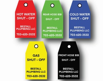 Engraved Valve Tags, Custom Stamped Plumbing Labels, Laser Engraved Plastic Tags, Water main and Gas Shut off Tags, Hose bib Shut off Tags
