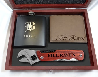 Engraved Gift Set | Personalized Wood Box with Flask | Etched Wallet & Multi-Tool Wrench | Groomsmen Gift | Holiday Gift Set, Best Man Gifts