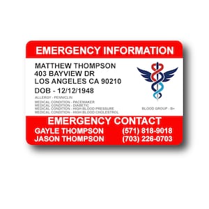 May include: Red and white emergency information card with a medical symbol, the name Matthew Thompson, address, date of birth, allergies, medical conditions, blood type, and emergency contact information.