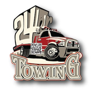 May include: A red tow truck with a white cab and a black tow bed. The truck has a QR code on the side and the words "24hr Towing" in large, stylized letters.
