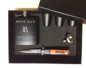 Groomsmen Gift, Wedding Gift, Best Man gift, Groomsman Gift Box, Personalized Knife, Wedding Favor, Groomsmen Gift Box Set, Engraved Flask |