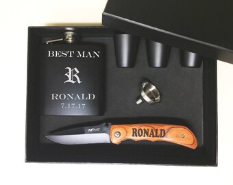 Personalized Flask and Knife Set for Groomsmen | Groomsman Proposal Gift Box Set | Engraved Gift Set for Best Man | Father of Bride Gift Set