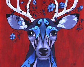 Whimsical Geometric Blue Deer Art Print "11x"14