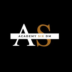 May include: A white logo with the letters "AS" in a serif font. The letters are stacked on top of each other. A white rectangle with the text "ACADEMY SIX DM" is behind the letters.