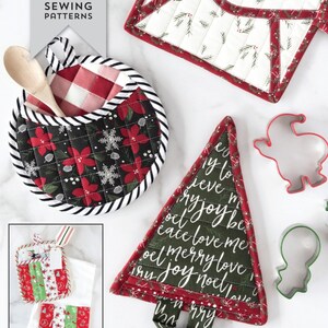May include: A set of four Christmas-themed pot holders. The pot holders are made of fabric and feature a variety of holiday designs, including a Christmas tree, a snowman, and a reindeer. The pot holders are perfect for protecting your hands from hot dishes.