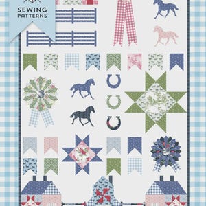 May include: A quilt pattern with a blue and white gingham background. The design features houses, horses, horseshoes, and rosettes in shades of blue, pink, green, and white. The text "Bluegrass Sampler Quilt" is at the bottom.