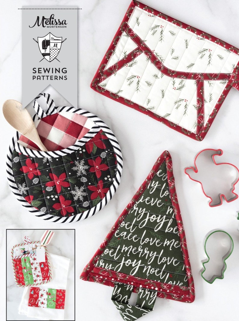 May include: A set of four Christmas-themed pot holders. The pot holders are made of fabric and feature a variety of holiday designs, including a Christmas tree, a snowman, and a reindeer. The pot holders are perfect for protecting your hands from hot dishes.