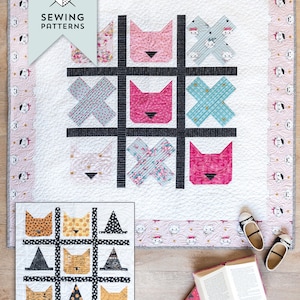 May include: A sewing pattern for a quilt featuring a tic-tac-toe board with cat faces. The quilt blocks are in various colors and patterns, including pink, blue, yellow, and black. The text "TIC TAC CAT" is printed below the quilt.